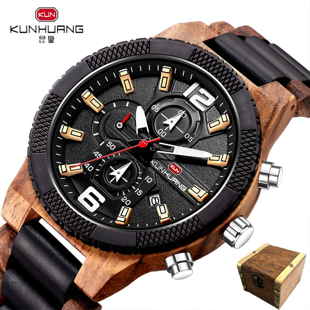 KUNHUANG Luxury Wood Stainless Watch